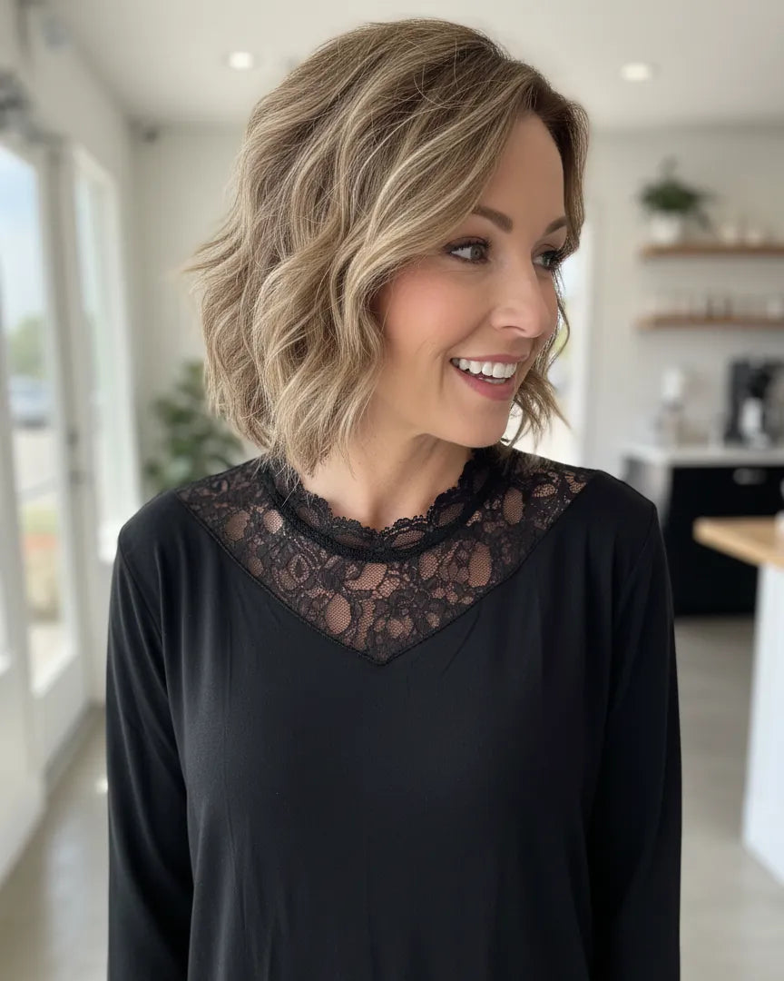 Détail col dentelle top femme grande taille, superposition pull