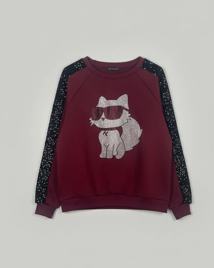 Sweat Catty Chic bordeaux avec illustration glitter – Mam’s Ailes