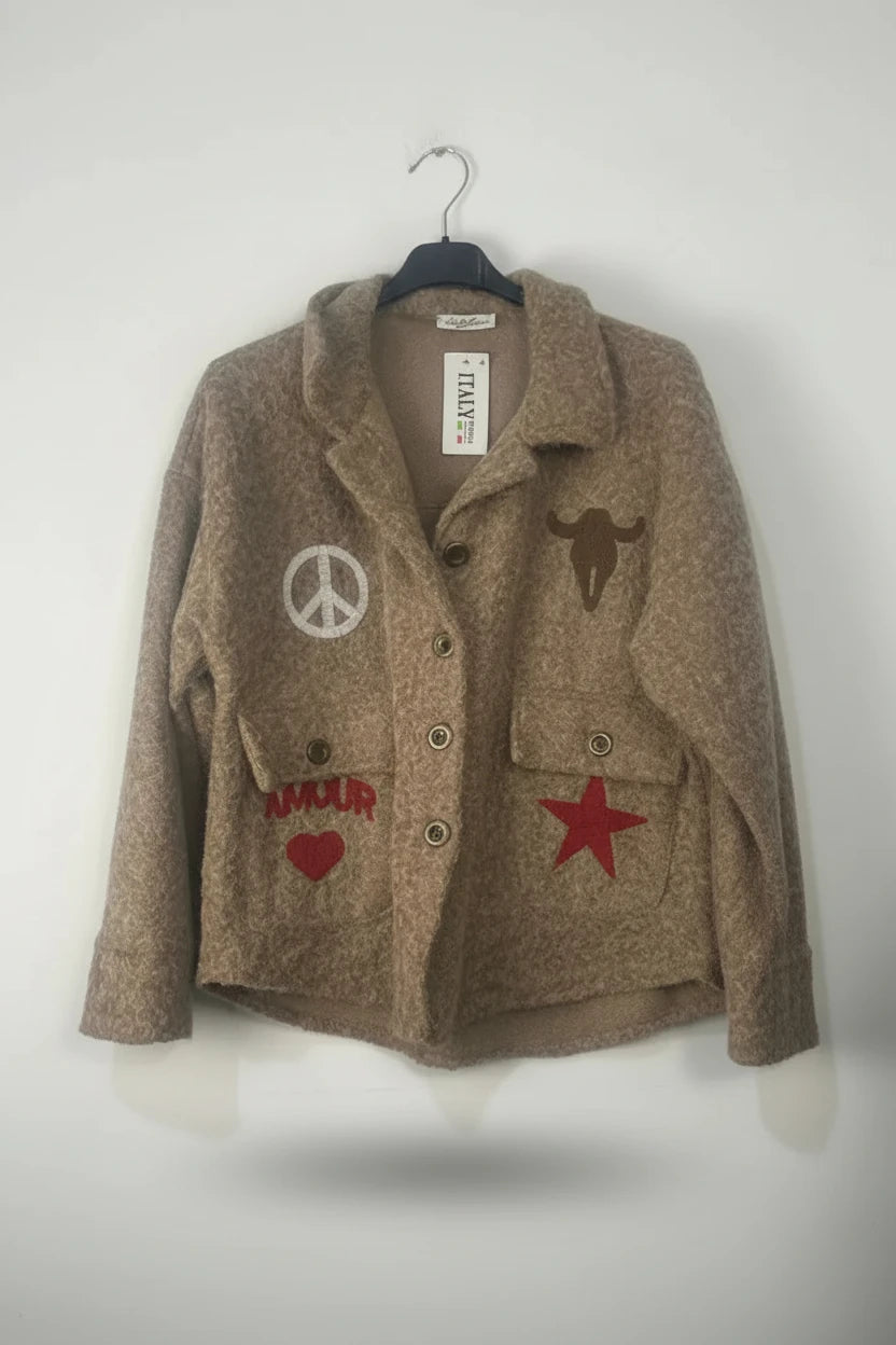 Veste coupe courte avec poches et badges camel 