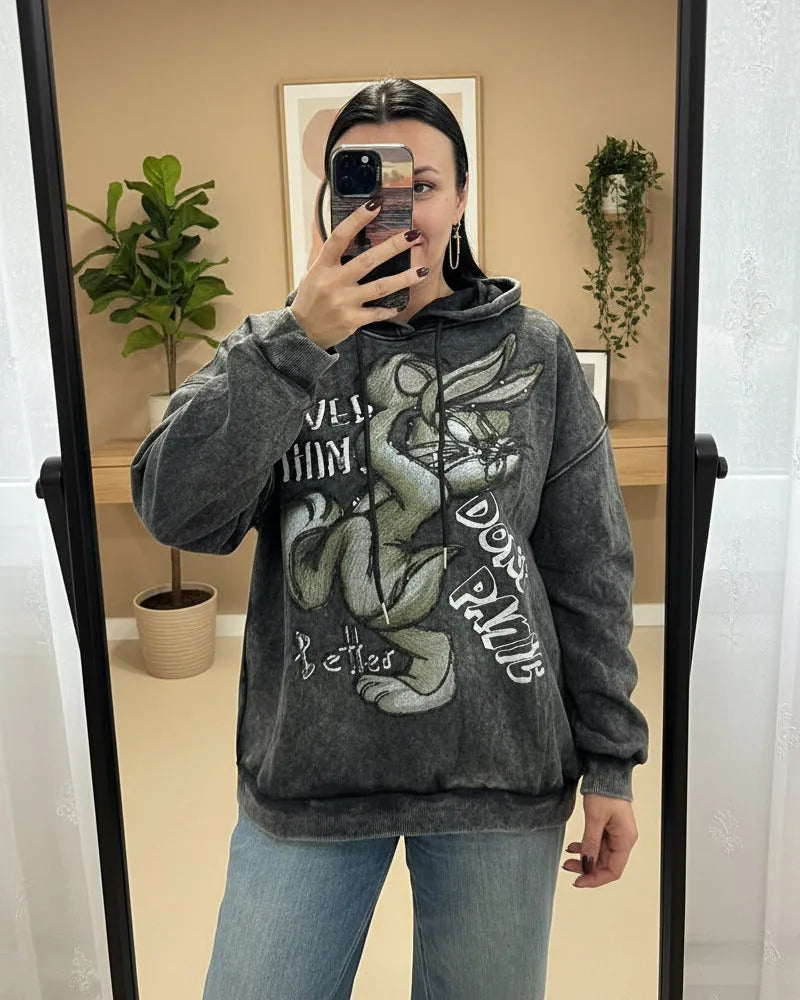 Sweat oversize gris motif Bugs Bunny sequins femme
