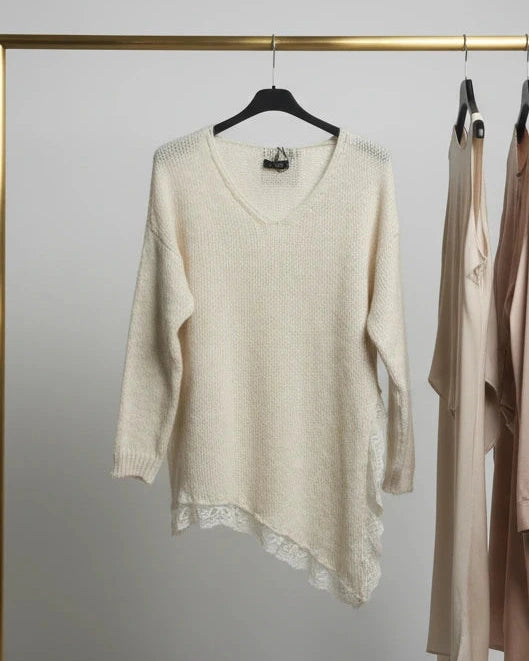 pull femme col v dentelle bas couleur ecru