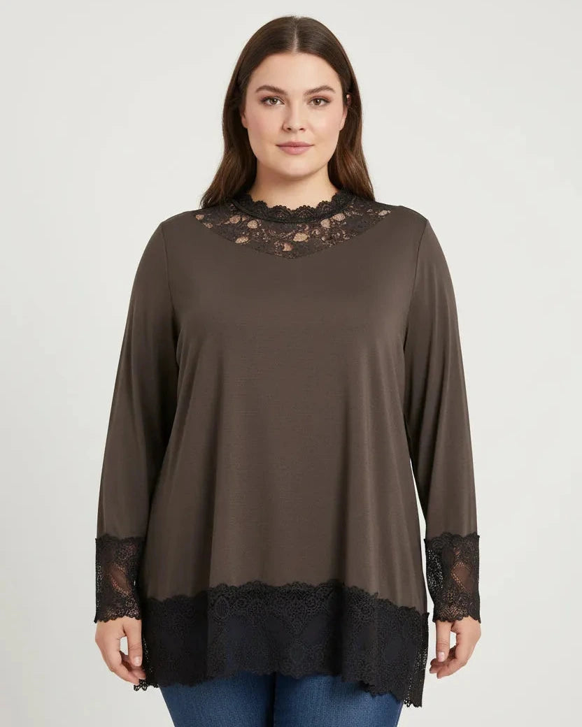 Top femme fluide dentelle col grande taille 36-52, blanc, made in Italy