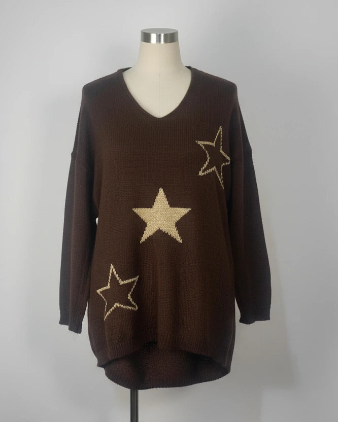 Pull long femme à capuche, motif étoiles, coupe oversize chocolat