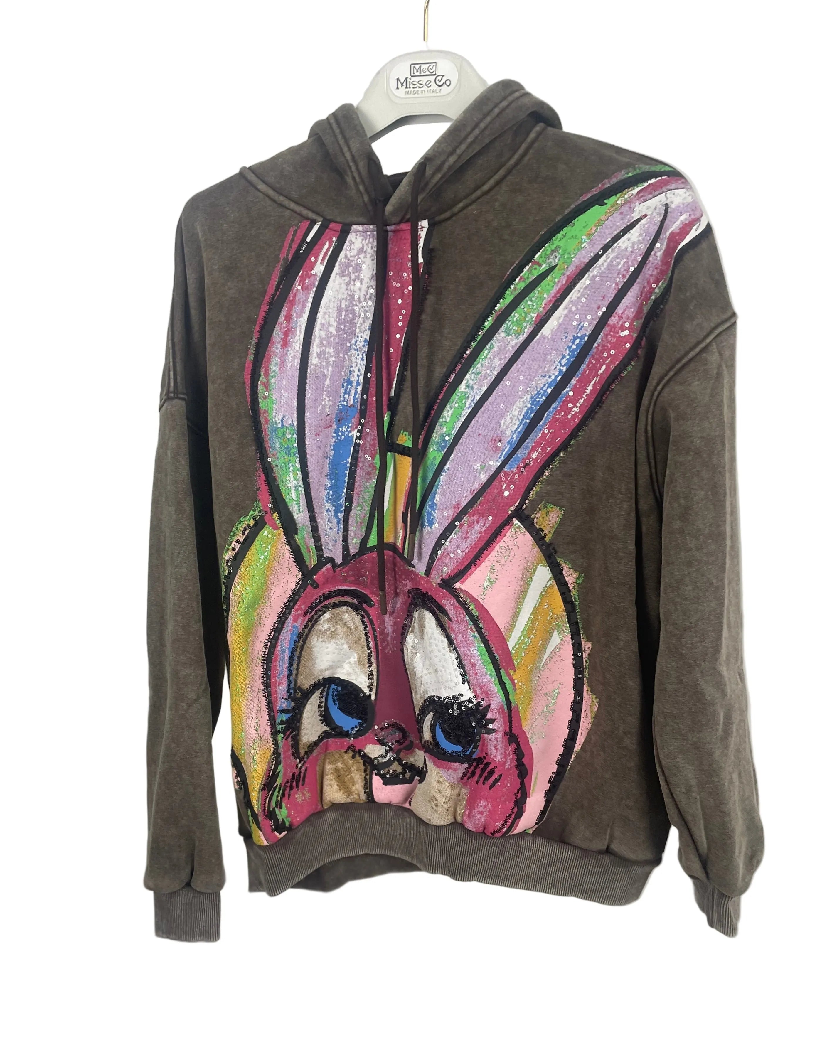 Sweat chocolat chiné oversize motif lapin coloré femme