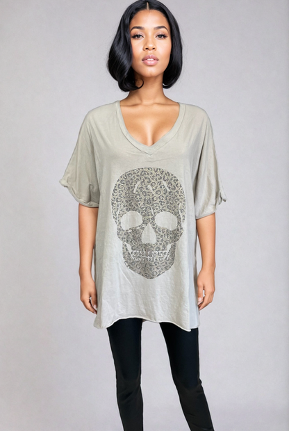 Tee-shirt tête de mort leopard strass